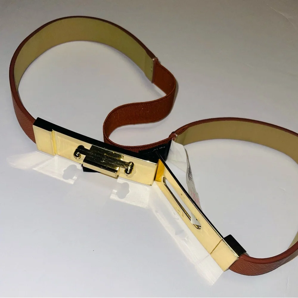 EXPRESS SKINNY BELT GOLD  TURN-LUCK ELASTIC IN THE BACK BROWN M/L TINY SCRATCH